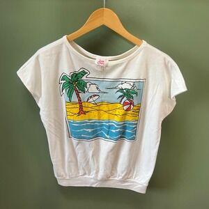 Vintage Jane Colby White Tropical Beach Graphic T-Shirt 80s Banded Waist USA